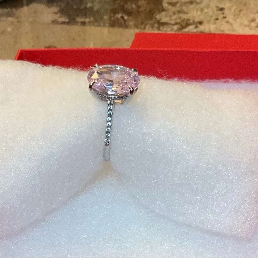 Oval Pink Crystal Solitaire Ring with Pavé Band - Picture 4 of 4
